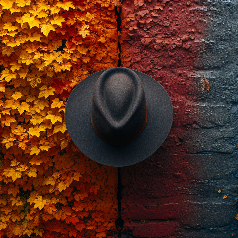 A black fedora hat hangs on a wall, with vibrant red and yellow foliage to the left and blue foliage to the right. The background features a textured, painted wall.
