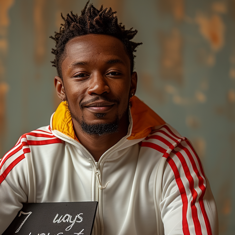 a man wearing a white tracksuit with red stripes. he is holding a sign that says "7 ways"