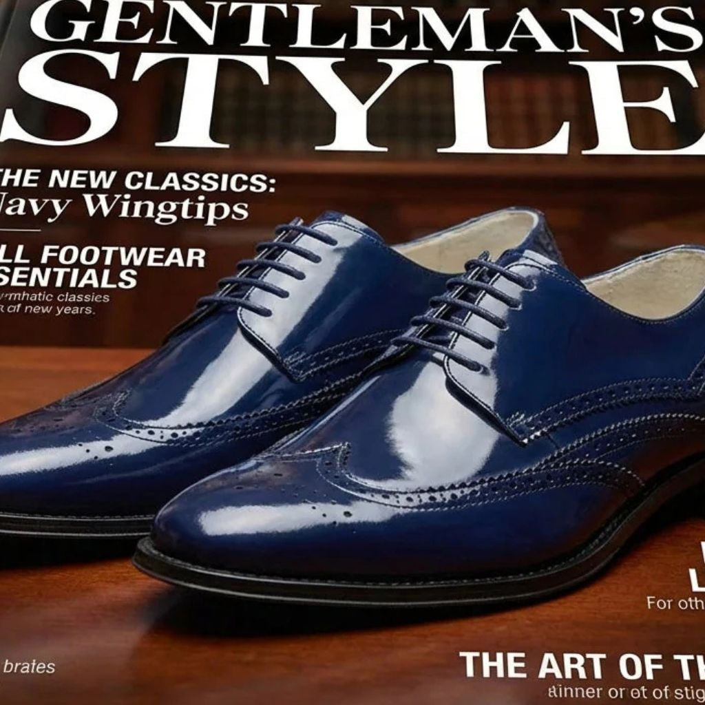 navy shoes as a pair on the cover of a magazine for men's fashion
