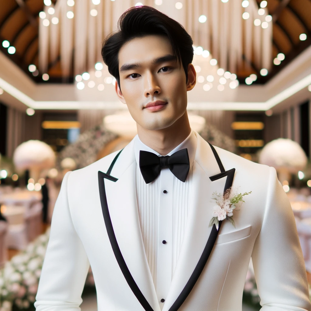 A man in a ballroom event wearing a white tuxedo with black trim.