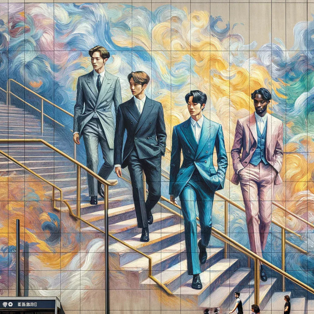 A large mural on the side of a building depicts four men in suits walking down a staircase. The background features colorful, swirling patterns. The building has reflective windows, and people can be seen walking at the bottom of the mural.