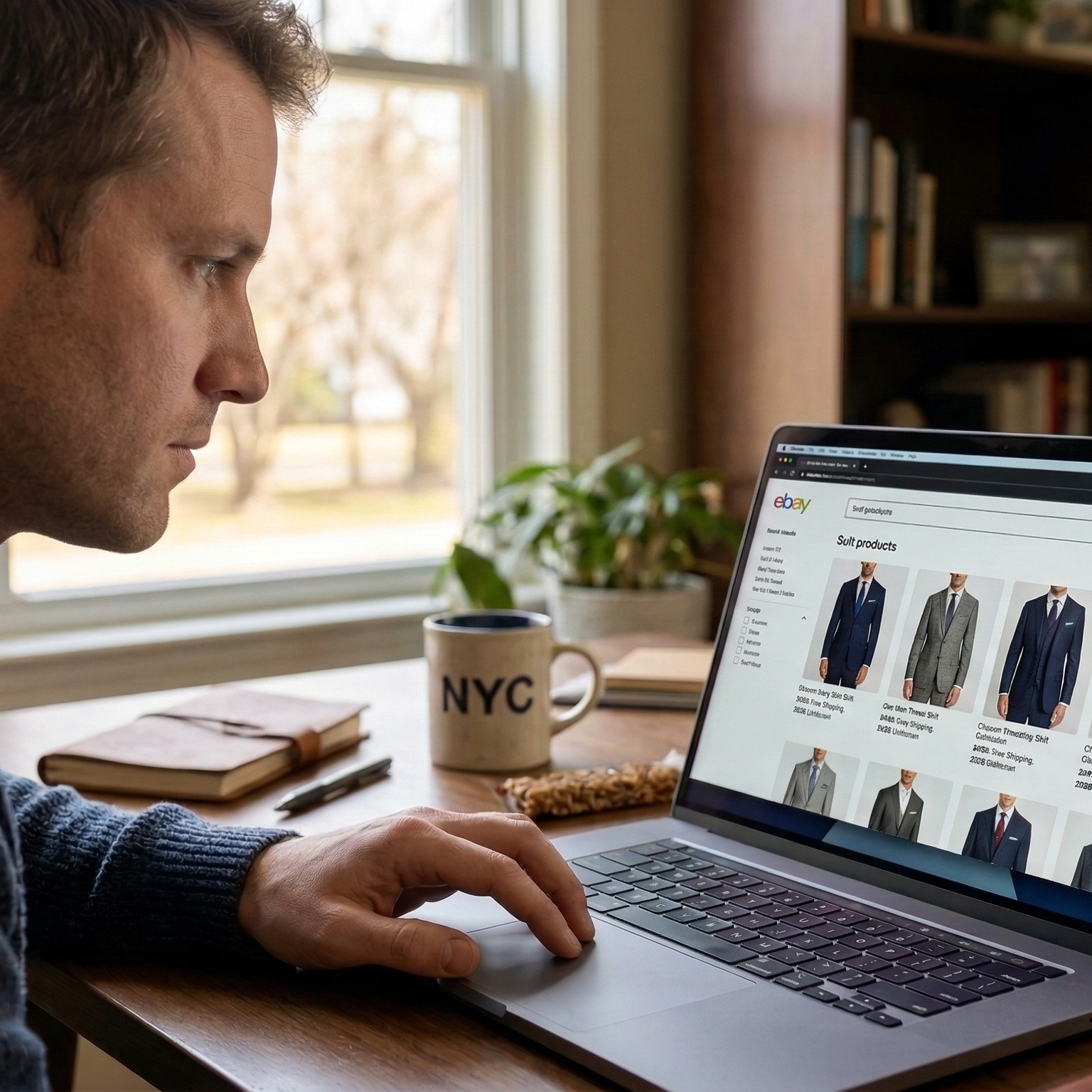 a man on his computer searching for suit products