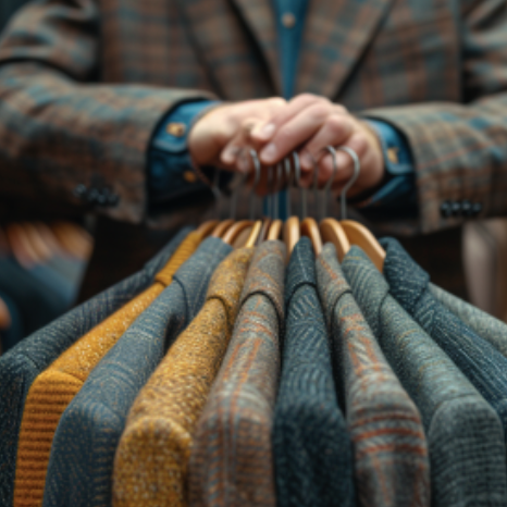 a man holding a variety of blazers