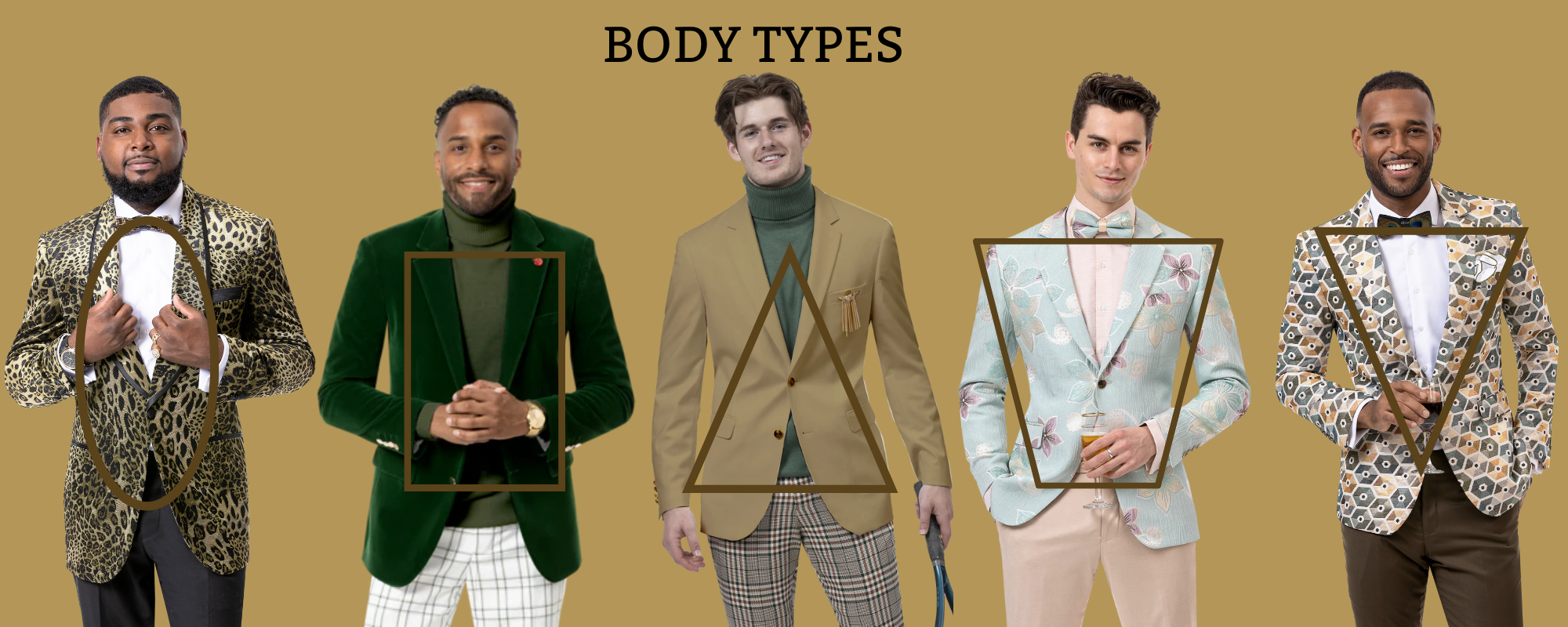 Five men are shown wearing different outfits, each with a geometric shape over their bodies to represent different body types. The background is a solid tan color with the title 'Body Types' at the top.
