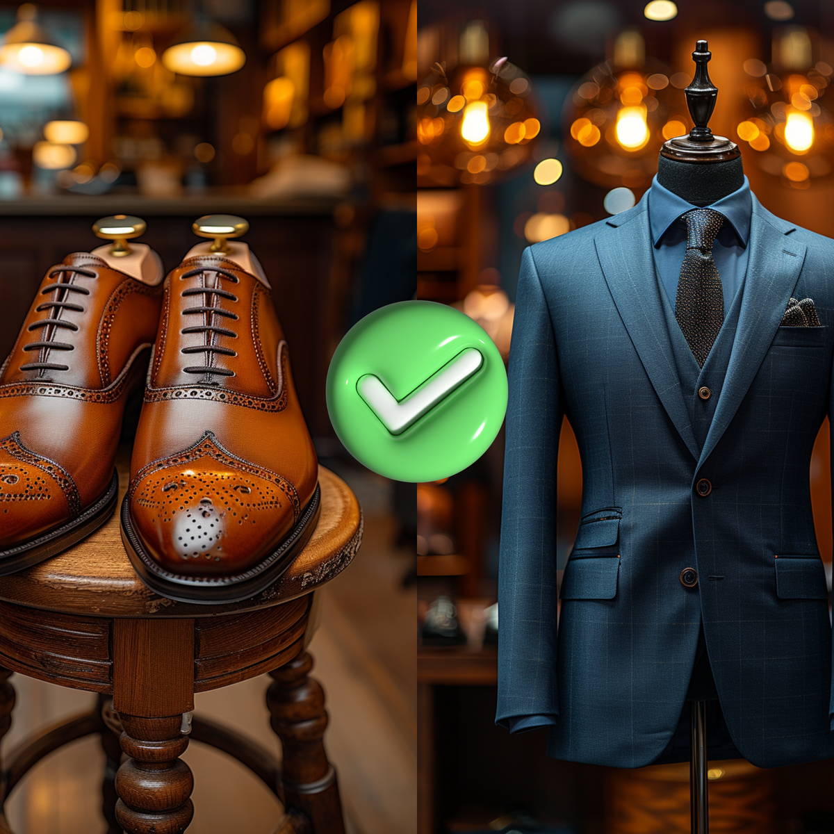 A pair of polished brown dress shoes sits on a wooden stool next to a mannequin dressed in a blue suit. A green checkmark is displayed between them. The background is a warmly lit clothing store.