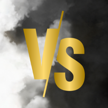 An image shows two men in stylish suits with a large 'VS' in the center. The man on the left wears a light green suit, while the man on the right wears a light blue checkered suit with an orange vest. The background is divided into white and black smoke.