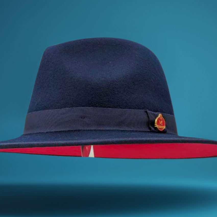 a blue fedora with a red bottom.