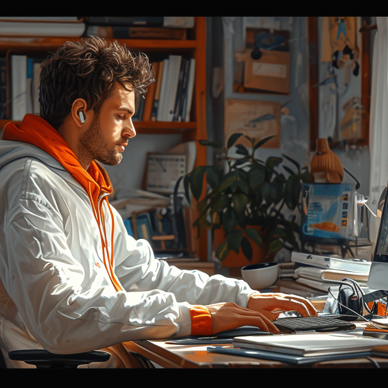 A man wearing a white and orange tracksuit sits at a desk in a busy home office, working on a computer. He has earphones in and is surrounded by books, plants, and office equipment.