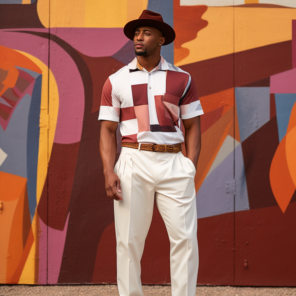 A man is wearing a stylish outfit against a colorful mural backdrop. He has on a wide-brimmed burgundy hat and a geometric-patterned polo shirt in shades of burgundy, pink, and cream, with cream-colored trousers and brown belt. 
