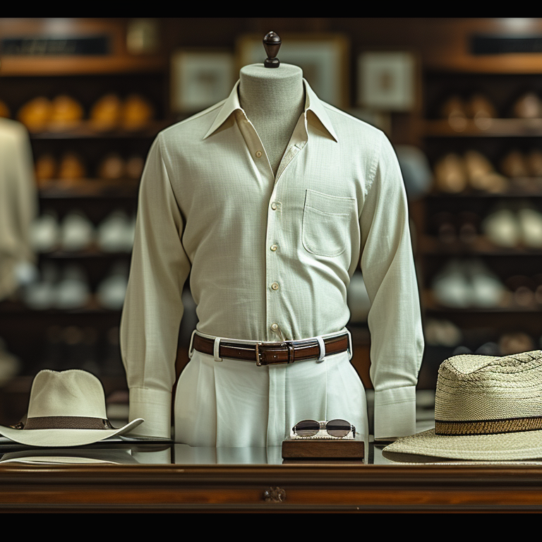 Mannequin dressed in a white walking suit with a brown belt. The display includes brown shoes, a white fedora, a straw hat, and sunglasses on a table in a high-end clothing store. Background shelves showcase various shoes and attire.