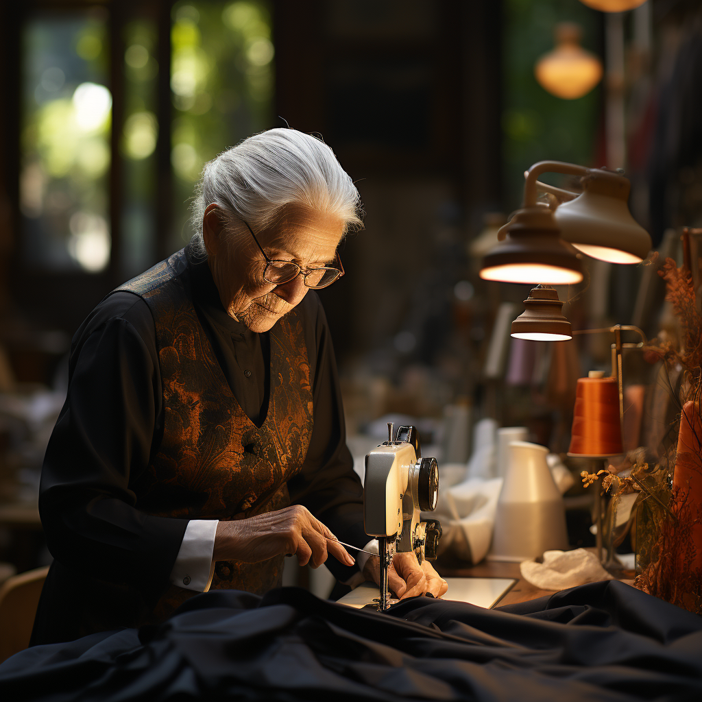 An older woman with white hair and glasses sews a suit with a sewing machine. She is wearing a dark outfit and is focused on her work. The room is warmly lit and filled with sewing materials.