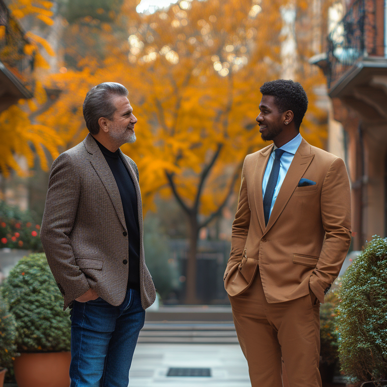 two men in the street facing each other. one of them is wearing a brown blazer with black shirt and jeans. The other one is wearing a tan suit.