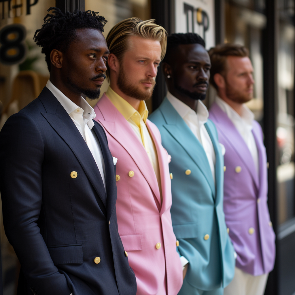 Four men stand in a row, each wearing a brightly colored suit with gold buttons. From left to right, the suits are navy blue, pink, light blue, and lavender. They all have white shirts underneath and look intently ahead.