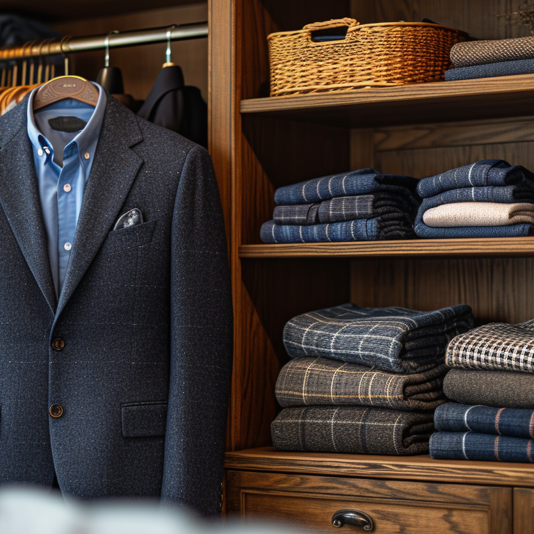 A neatly organized closet featuring a blue blazer hanging on a wooden rack with a blue shirt underneath. Nearby shelves are filled with folded sweaters and patterned shirts, along with woven baskets on the upper shelf.