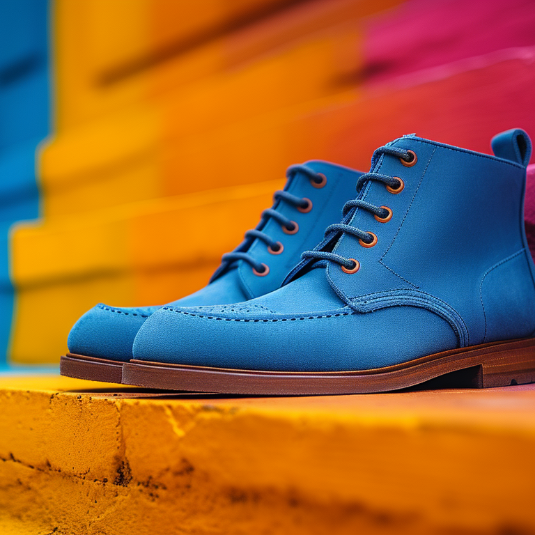 A pair of royal blue boots with brown soles and laces are placed on vibrant, multicolored steps. The background features walls painted in shades of yellow, blue, and pink.