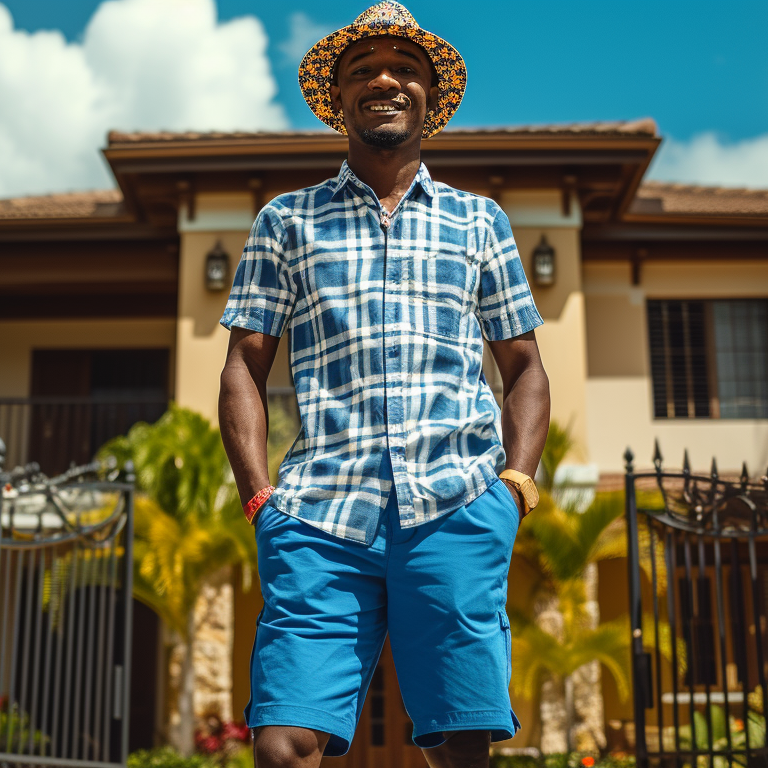 A man wearing a walking suit consisting of a blue checkered shirt and blue shorts, and a straw hat stands confidently in front of a large, luxurious house surrounded by palm trees.