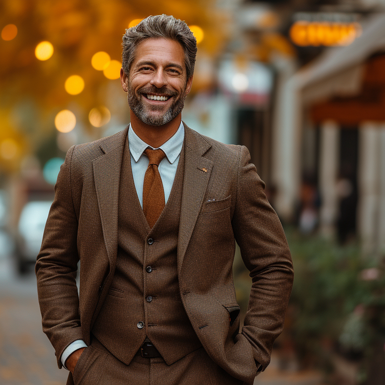 a man standing on a side walk on an autumn day. he is wearing a brown suit with a tie in lighter shade of brown. he is smiling.