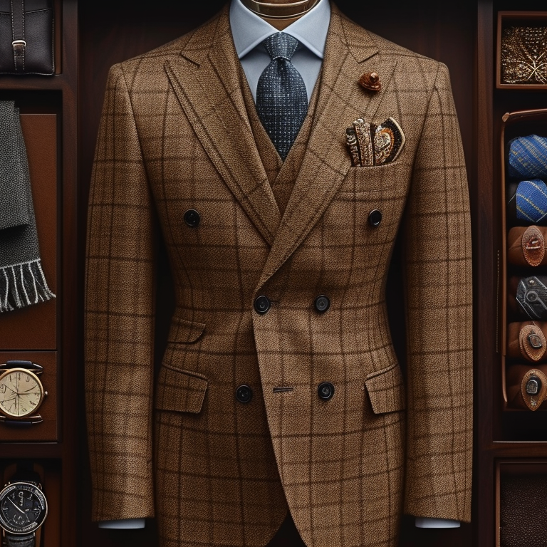 a brown suit surrounder by different accessories to match with like watches, belts, ties and scarfs.