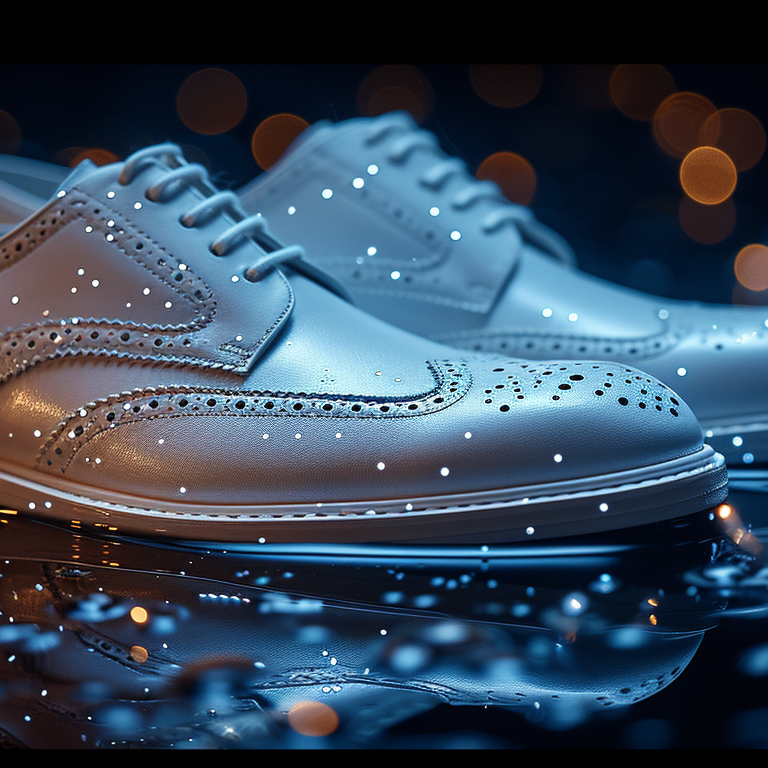 A pair of elegant, white dress shoes with intricate perforations, surrounded by glistening lights and reflections on a dark surface.