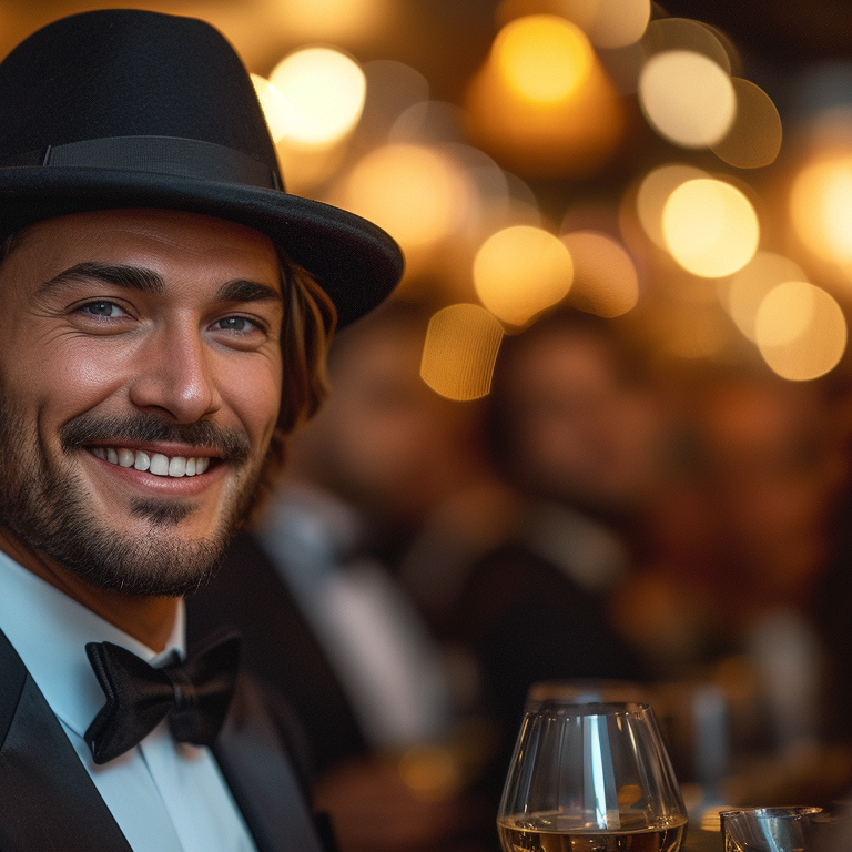 a man smiling. he is wearing a black suit with a bow tie and a black fedora.