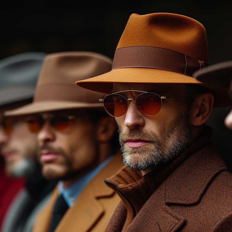 A group of men standing in a line, all wearing stylish felt fedoras and coats. The man in the foreground is wearing a brown fedora and tinted glasses, looking directly at the camera with a serious expression.