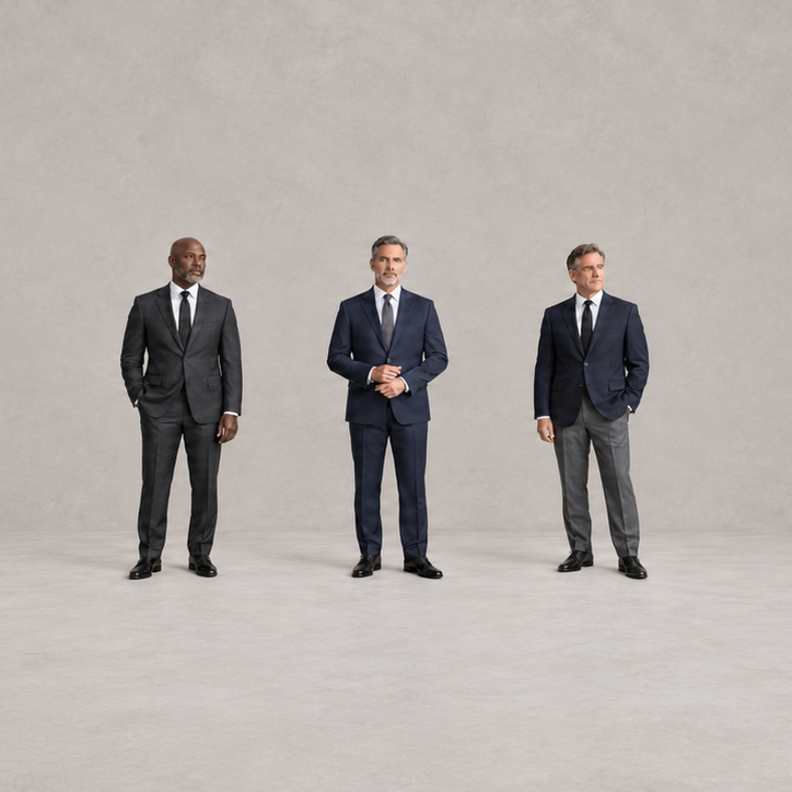 Three men in charcoal and navy suits and a navy blazer with charcoal trousers, white shirts, dark ties, and black dress shoes.