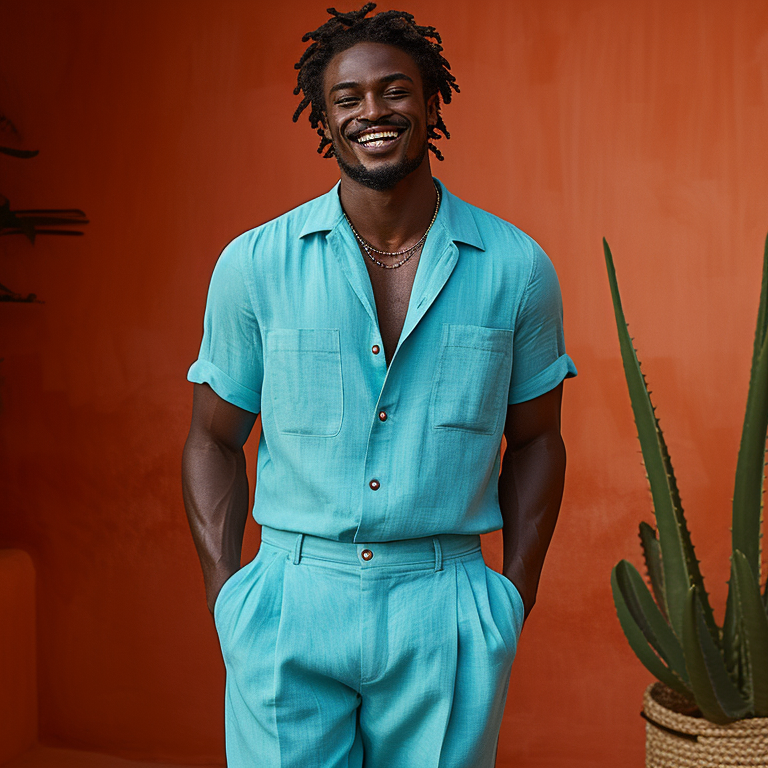 a man wearing a teal walking suit.