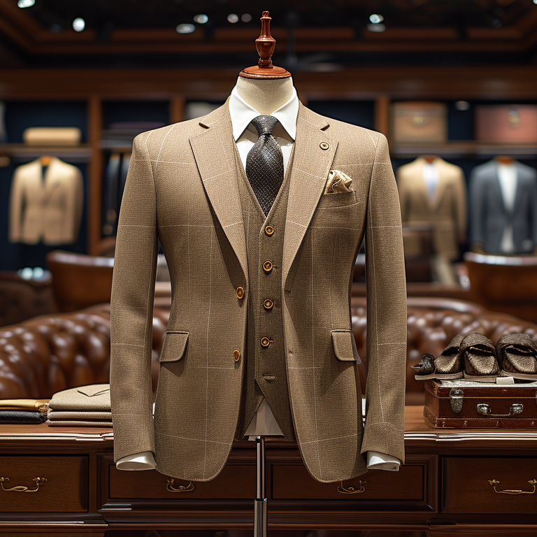 A tan three-piece suit is displayed on a mannequin in an elegant, wood-paneled clothing store. The background features various suits and garments neatly arranged on shelves and racks.