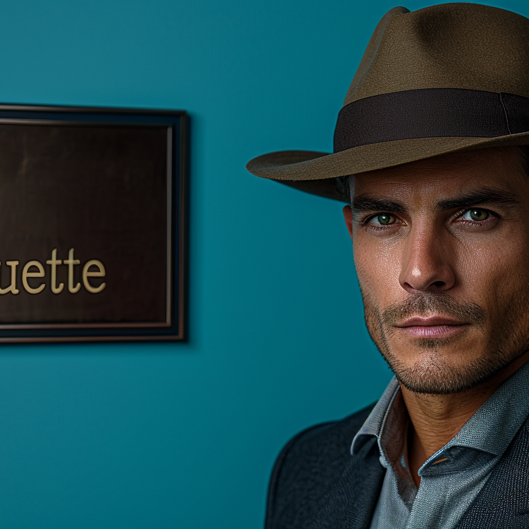 a man wearing a hat with a sign behind him that says "hat etiquette"
