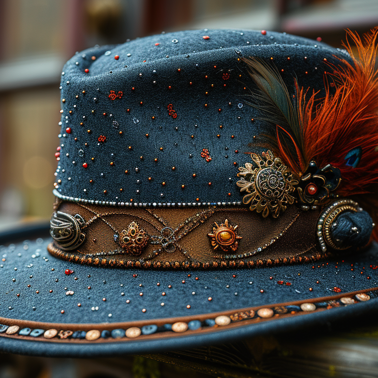 a navy fedora with a band, a few pins and red feathers.