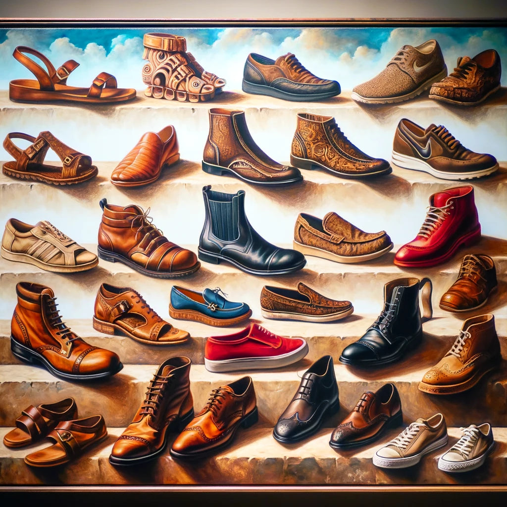 a painting of a variety of types of shoes.