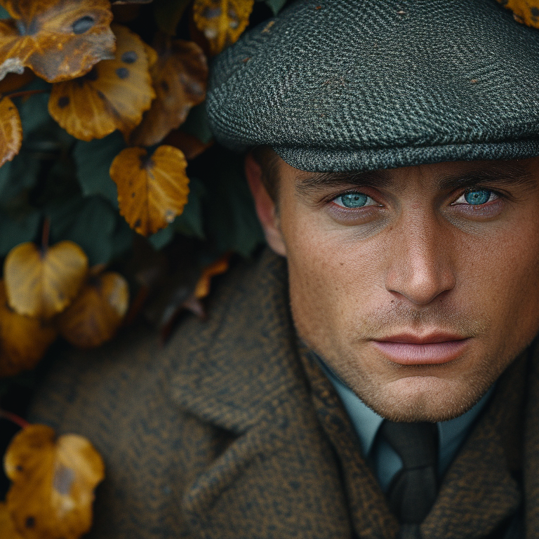 A man with bright blue eyes wears a brown tweed coat and a matching ivy cap. He stands amidst autumn leaves, with a serious expression on his face.