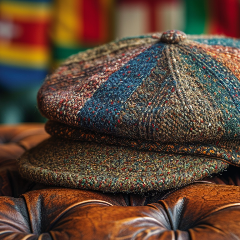 A multi-colored patchwork ivy cap rests on a brown leather tufted surface. The background features blurred colorful patterns, adding to the cozy, vintage atmosphere.