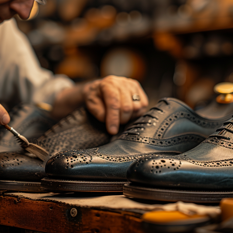 a shoemaker polishing leather shoes