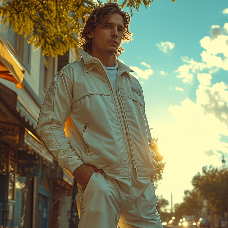 a man wearing a white tracksuit