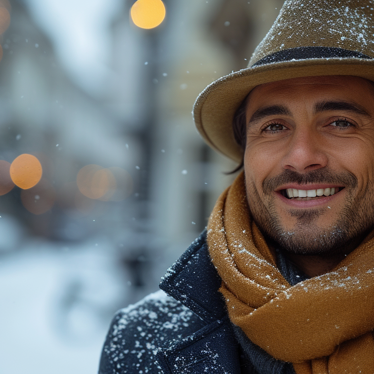 A man with a felt hat and a cozy scarf smiles warmly as snow falls around him on a city street.