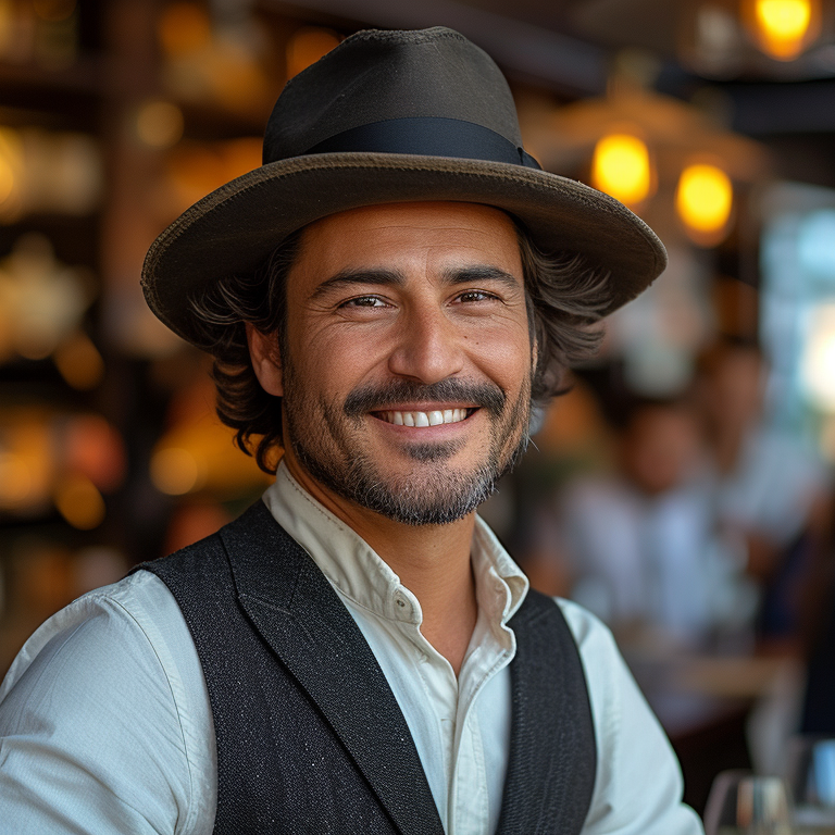 a man sitting on a bar wearing a black fedora.
