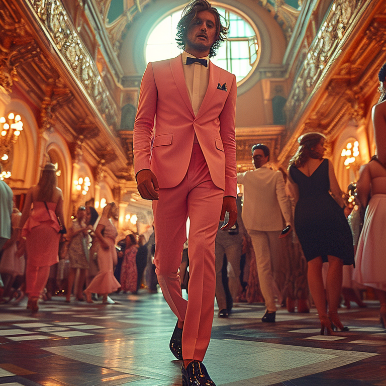 A man in a ballroom event wearing a pink suit.