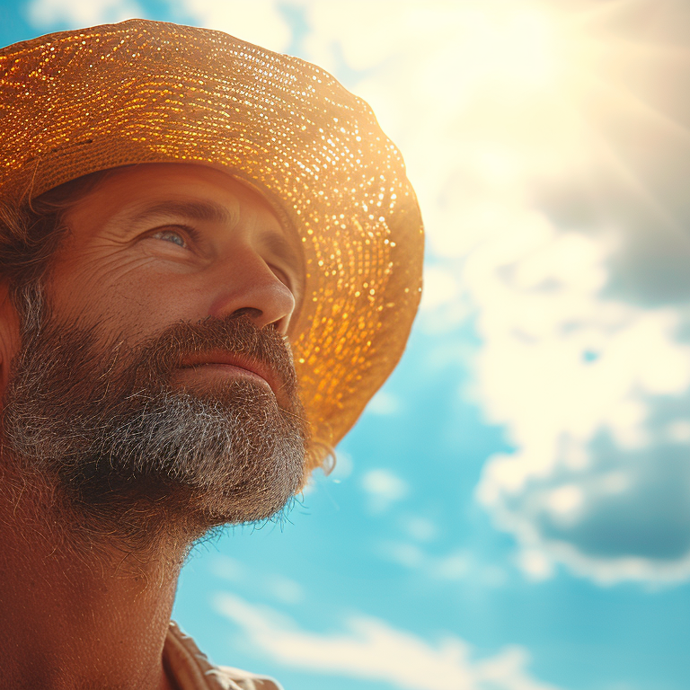 A bearded man in a straw hat gazes thoughtfully at the bright sky filled with clouds.