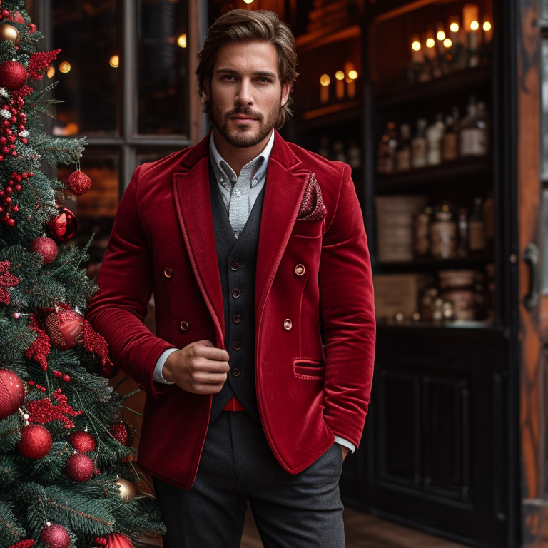 a man in fron of a christmas tree wearing a red velvet blazer
