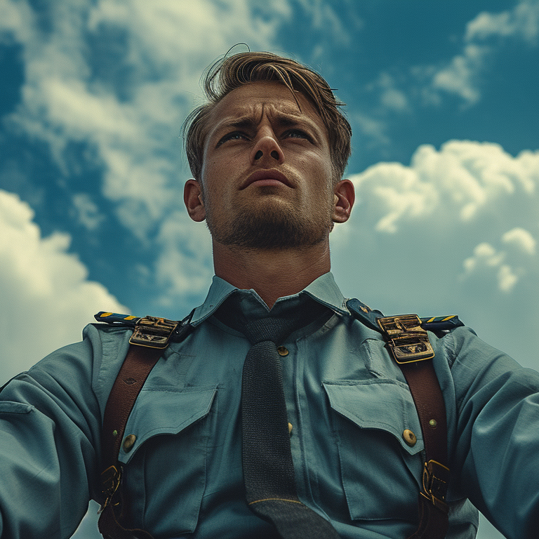 A soldier in a light blue uniform, wearing a tie and leather straps, gazes upward with a sky filled with fluffy clouds in the background.