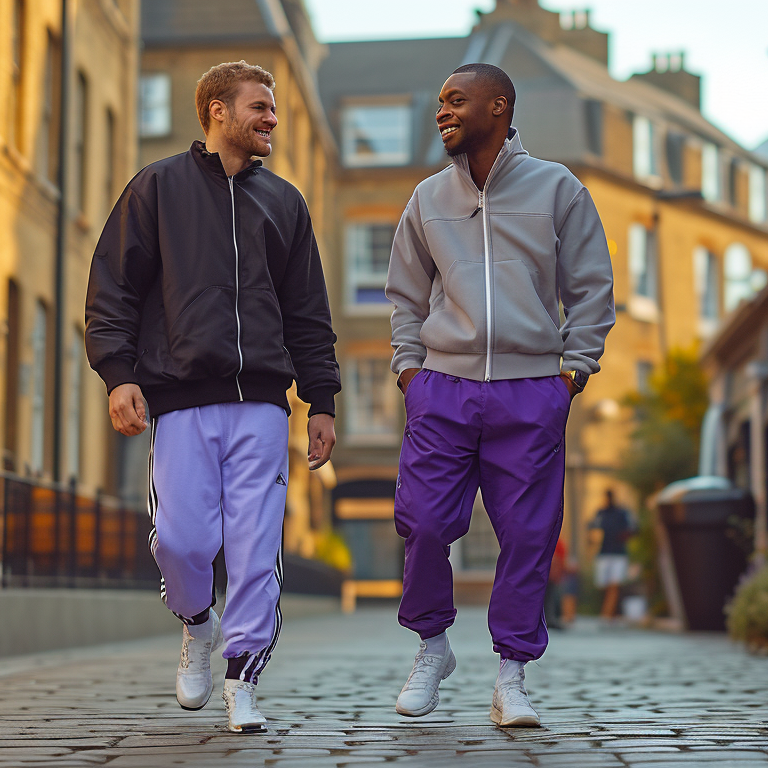 Two men, one in a black jacket and lavender pants, the other in a gray jacket and purple pants, walk and converse on a cobblestone street lined with brick buildings.