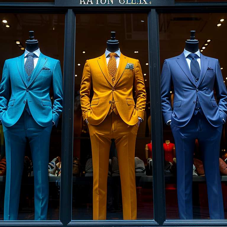 5 mannequins with different color suits (burgundy, turquoise, orange, navy and yellow) displayed on a store's window.