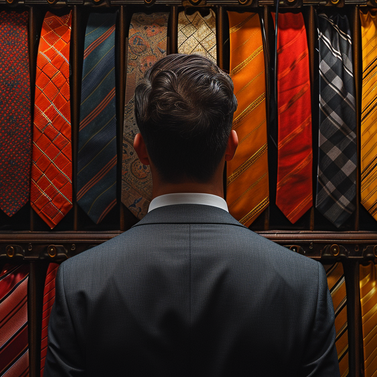 A man in a suit stands with his back to the camera, facing a display of colorful neckties arranged neatly on a wall.