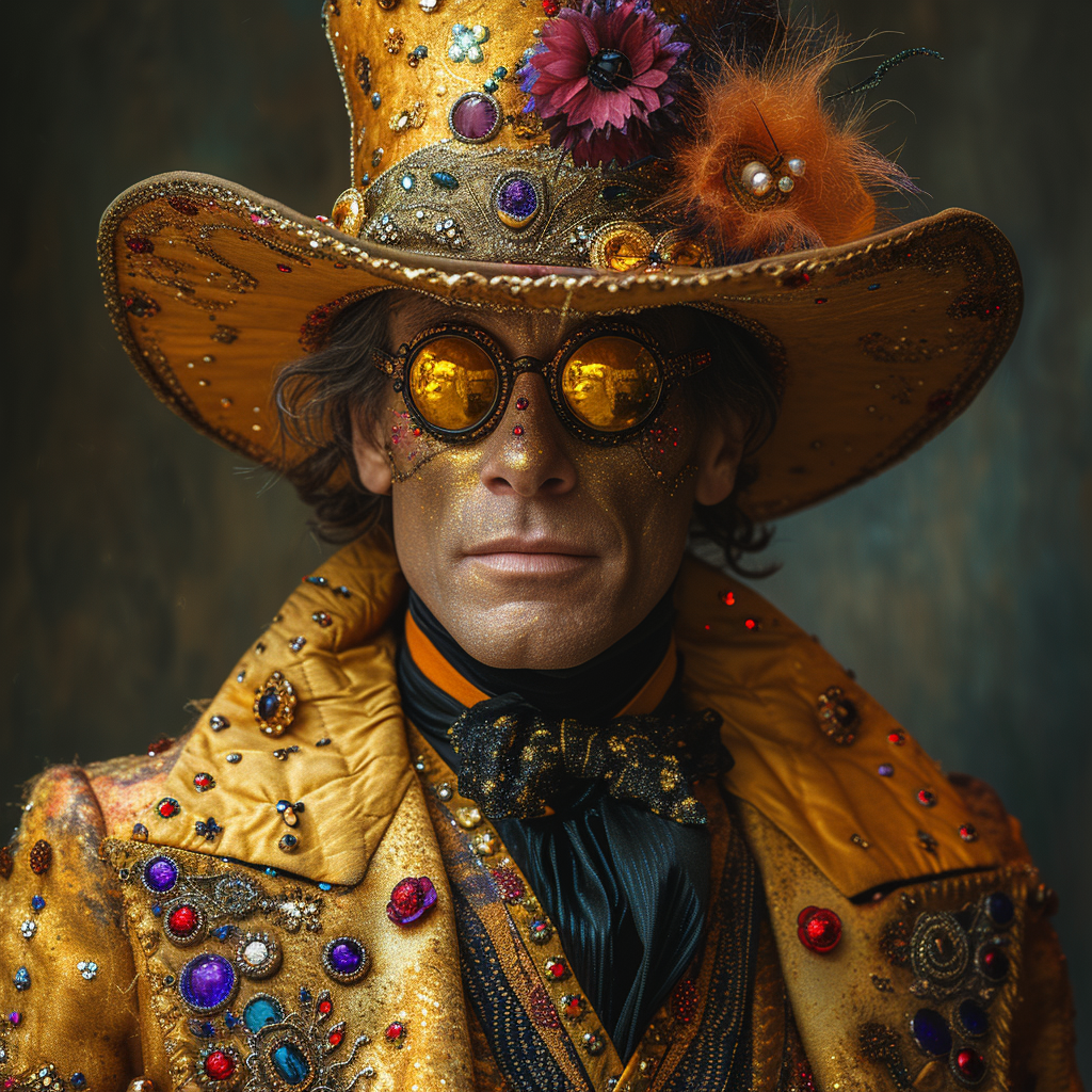 A person dressed in an elaborate, golden outfit adorned with colorful jewels and decorations. They wear a tall hat with flowers and feathers, round yellow glasses, and a black scarf. Their face is partially painted gold.