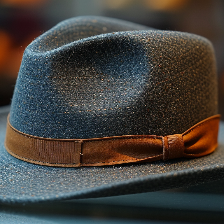 A stylish gray pinch hat with a brown band and bow detail displayed on a glass surface. The background is softly blurred, highlighting the hat's texture and craftsmanship