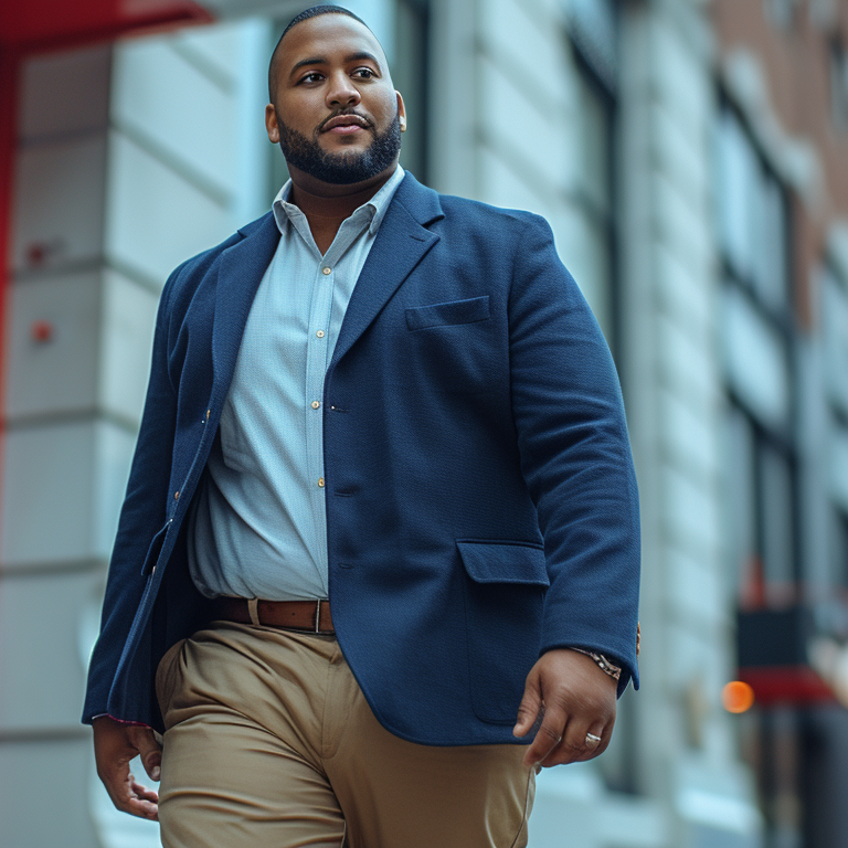 a big and tall man walking down the street wearing a navy blazer, a white dress shirt and khaki pants.