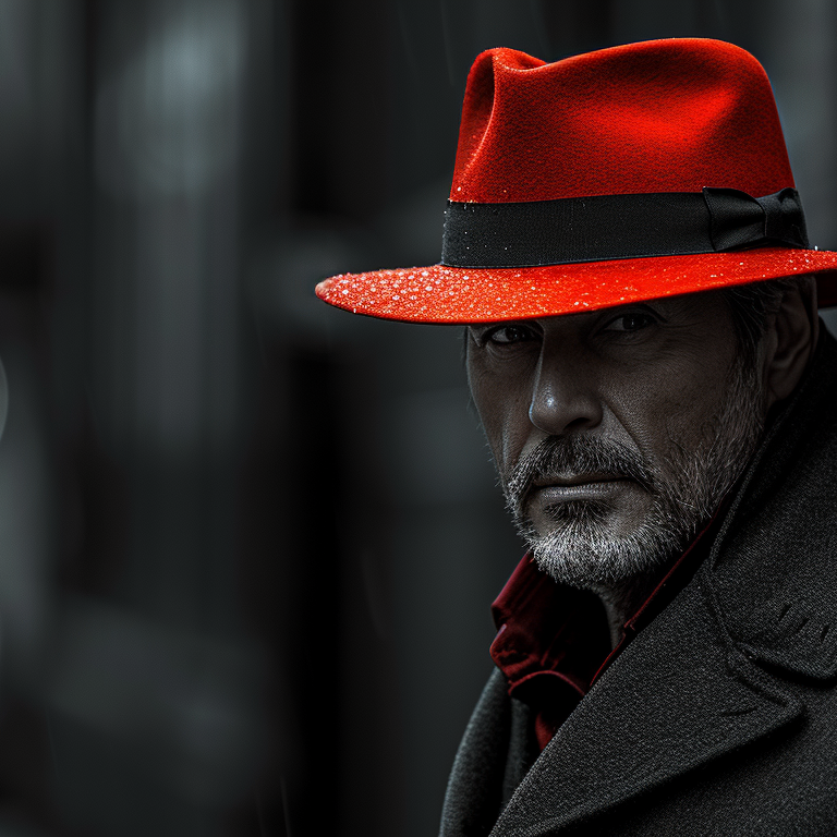 A serious-looking man with a gray beard wears a bright red hat and a dark overcoat, standing in a dimly-lit city street with blurred lights in the background