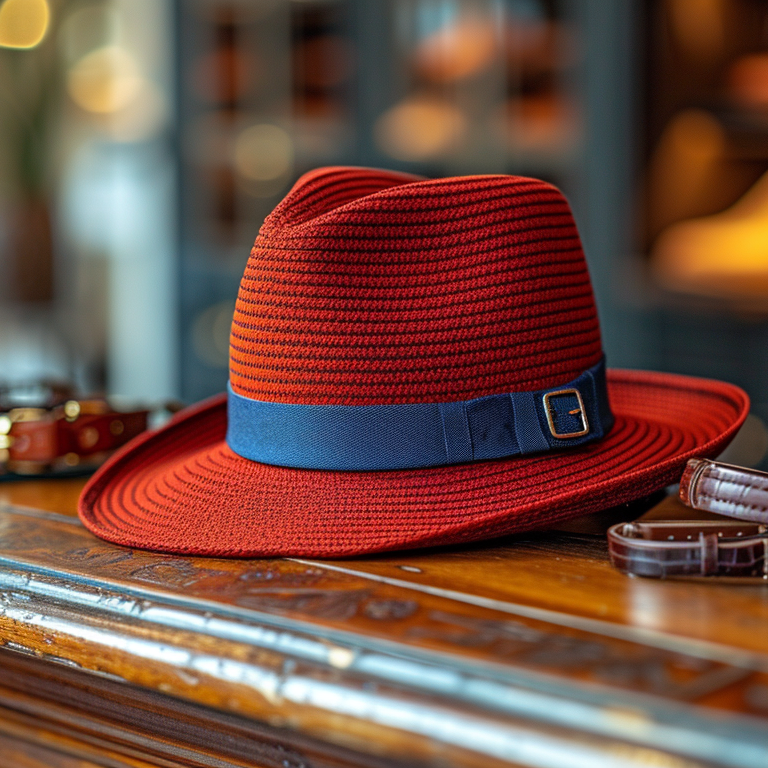 A stylish red fedora with a blue band is displayed on a wooden counter. Next to the hat are several leather wristwatches and belts.