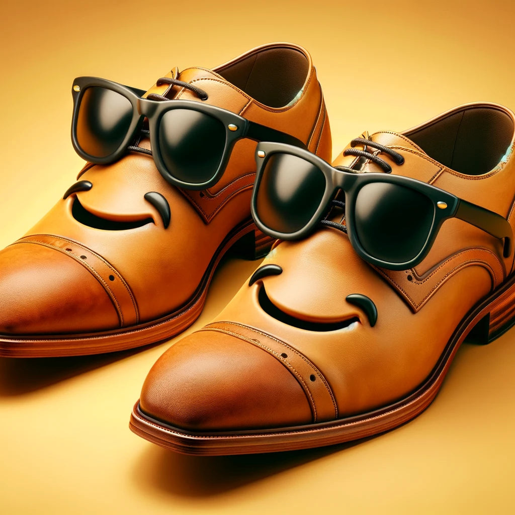 A pair of brown leather dress shoes with black sunglasses resting on them, creating a playful face-like appearance.